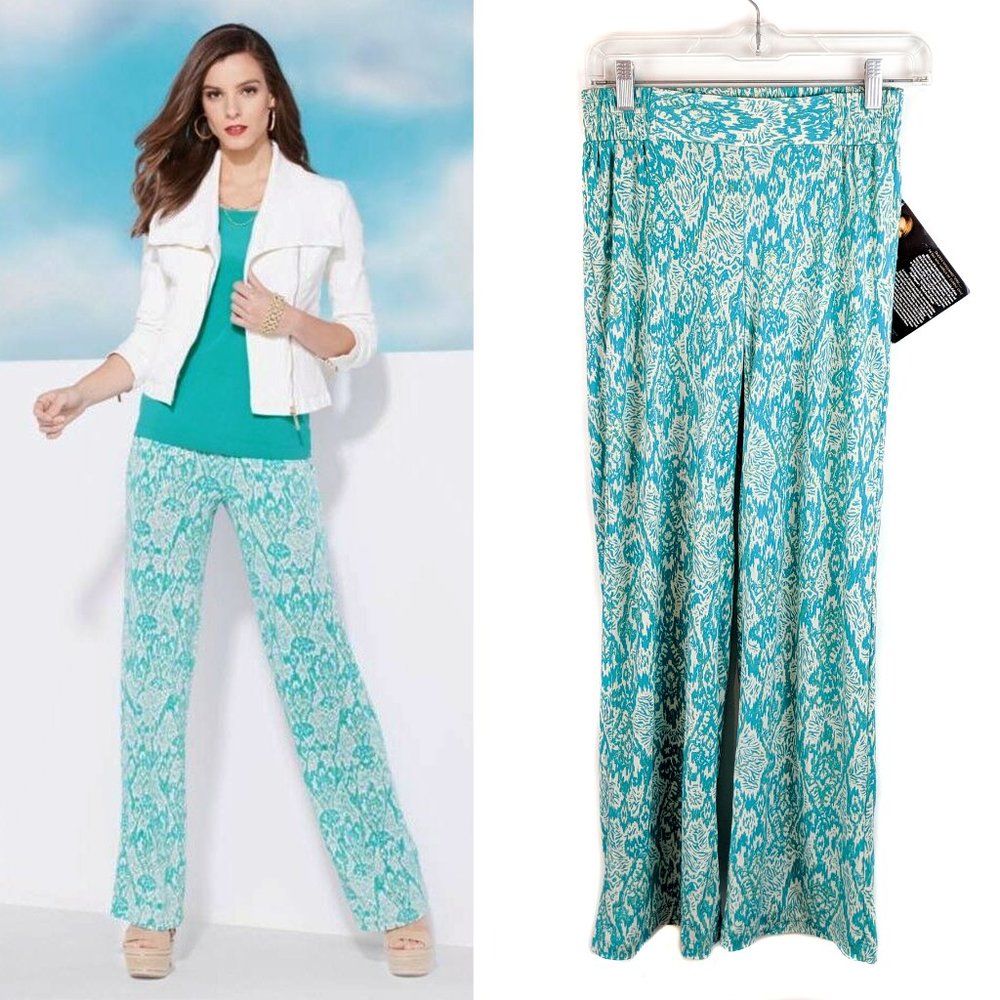 IMAN Global Chic Luxury Resort Gold Foil & Teal Pattern Palazzo Pants NWT